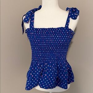 Lilly Pulitzer Blue Smocked Peplum Top with Pink and White Dots